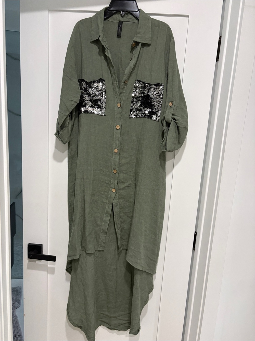Venti6 High low Olive Green Sequin Pocket Midi Shirt Dress. Made in Italy